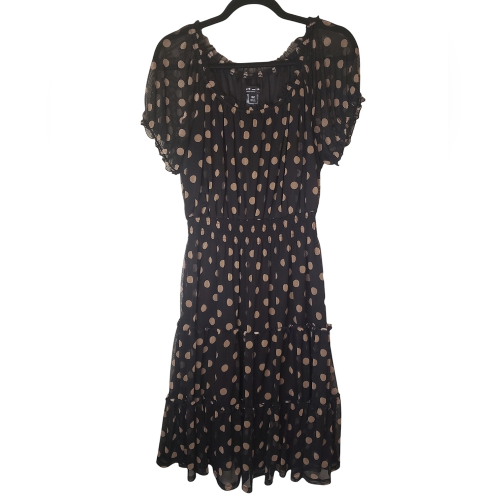 Kate and Lily Black Tan Polka Dot Tiered Ruffle Midi Dress Lined Size 14W